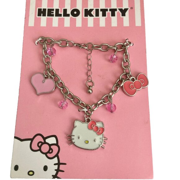 Sanrio Hello Kitty Cat Charm Bracelet Cute Enamel 7-8" Heart Bow Pink White NWT - Picture 1 of 8
